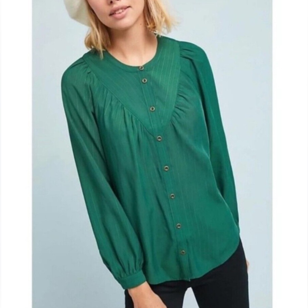 Maeve by Anthropologie Avignon Dark Green Pleated Button Front Stripe Blouse S - Picture 3 of 9